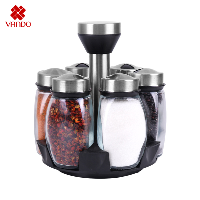 Bộ 6 lọ đựng gia vị thủy tinh chống vỡ xoay 360 độ,  Hũ đựng gia vị cao cấp loại 1 cho đồ dùng nhà bếp Vando