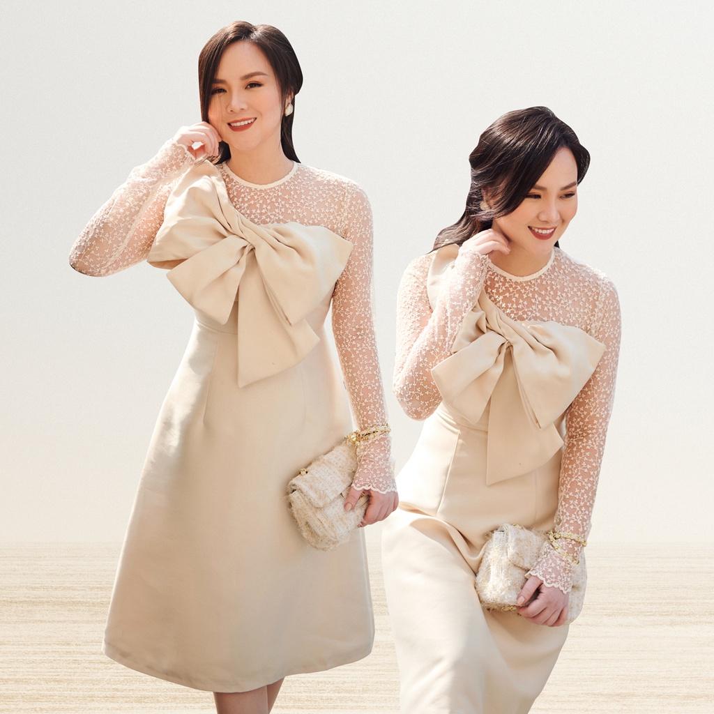 Váy nữ taffeta cao cấp phối ren sang trọng, tạo khối 3D nơ phần ngực điệu đà Peony - TRACIE DRESS