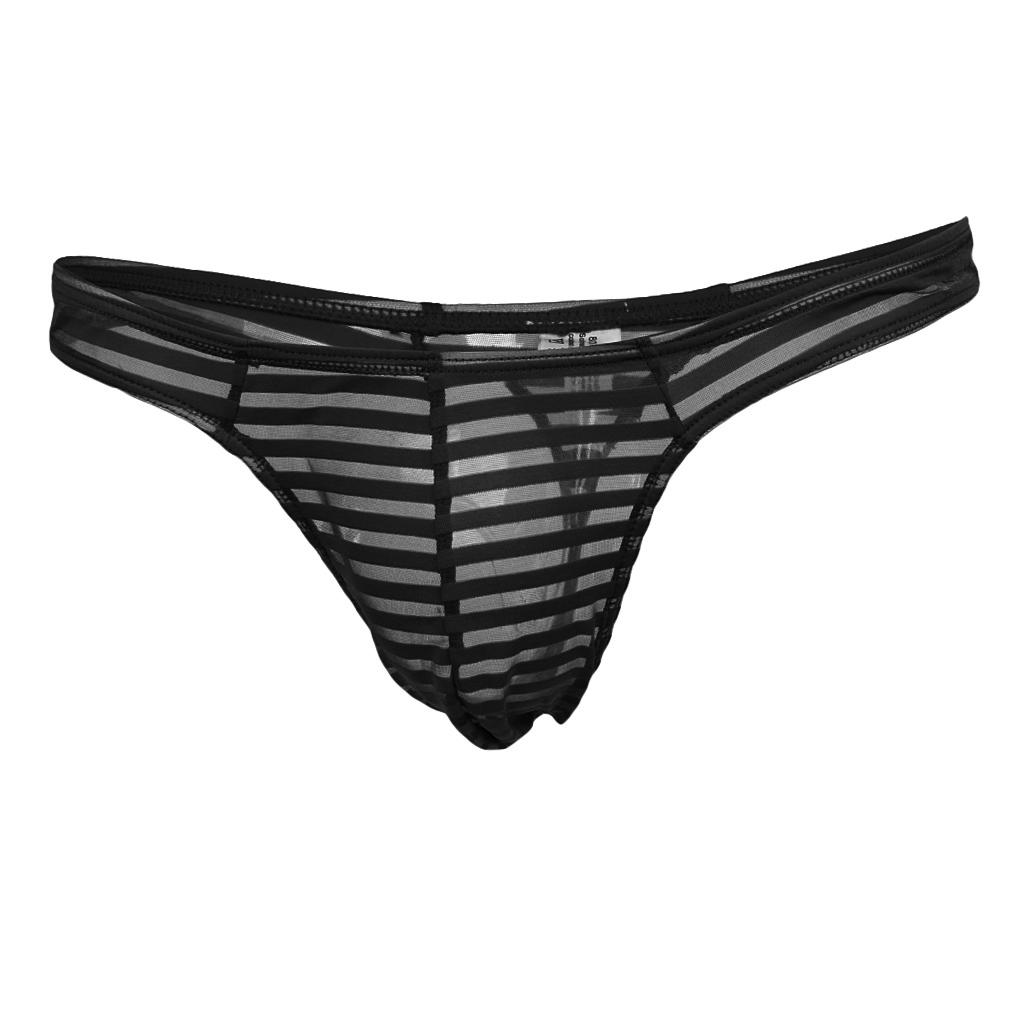 Men's Sheer Mesh Striped Panties Pouch Thong Low Waist Underpants Brief T-back Underwear