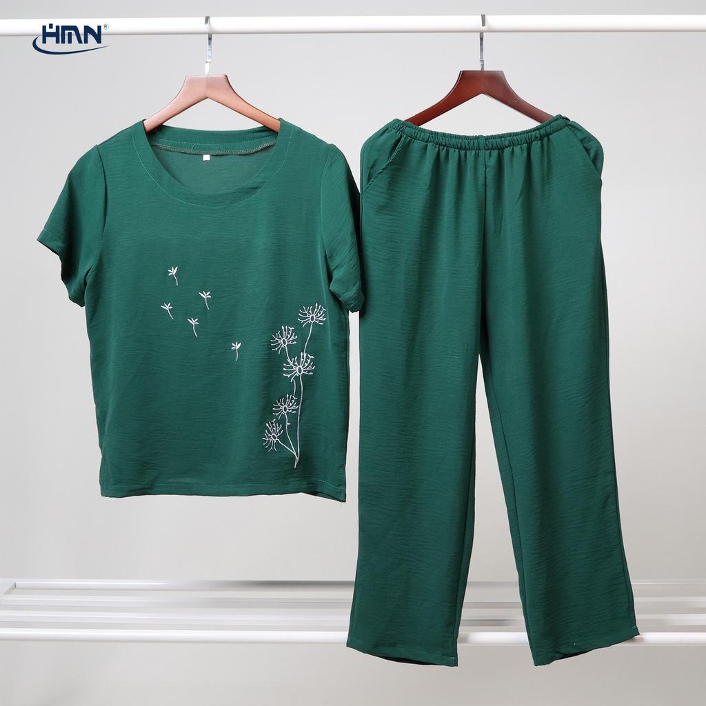 Set đồ bộ trung niên nữ áo thun tay ngắn thêu hoa Bồ công anh và quần Dài/lửng vải đũi linen mềm mịn - HMN Fashion