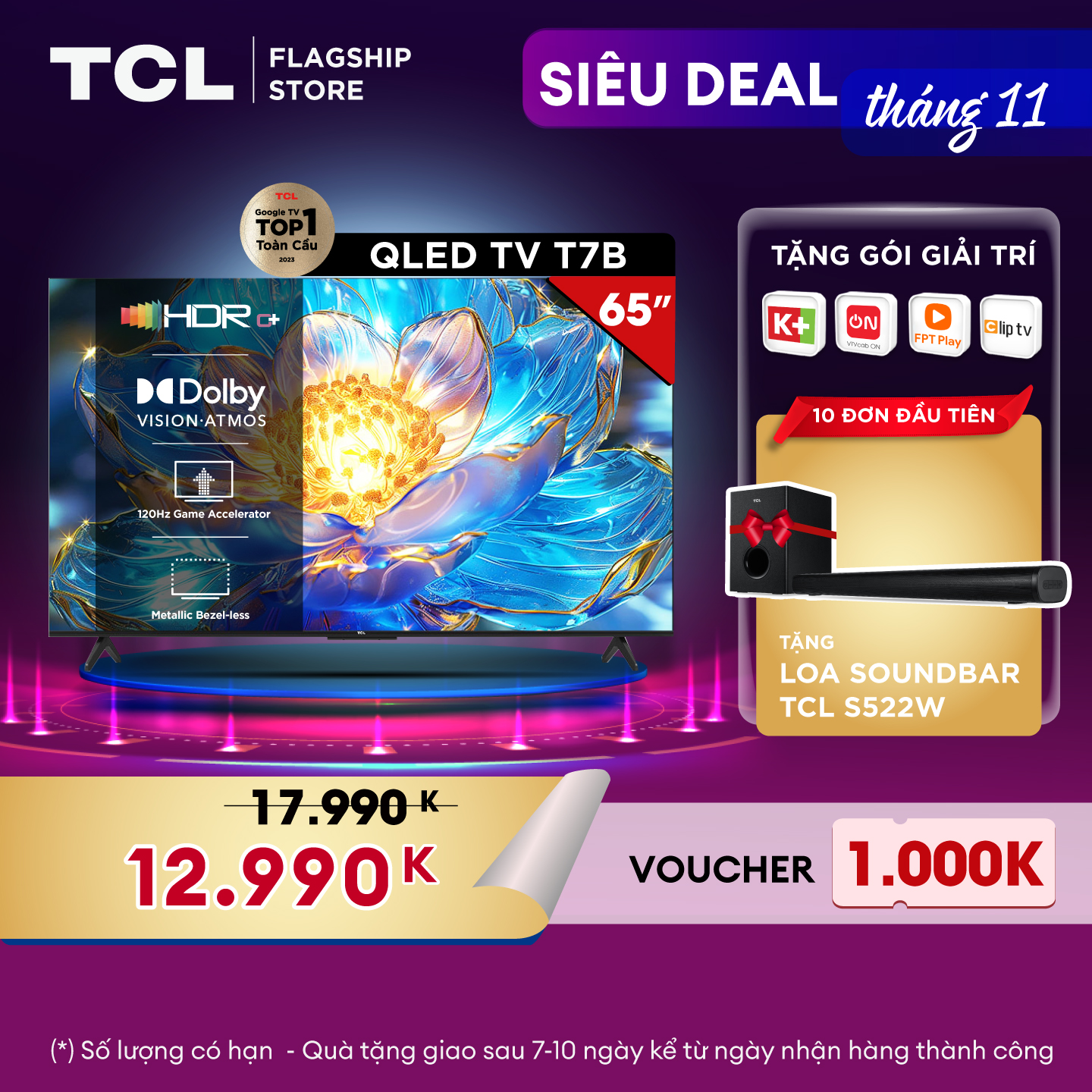 TCL 65T7B 65&quot; QLED 4K Google TV - Tivi 65inch - Hàng chính hãng - Bảo hành 2 năm