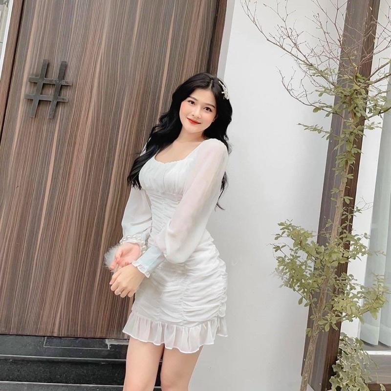 ĐẦM TRẮNG TAY DÀI NHÚN CỔ CHỮ U