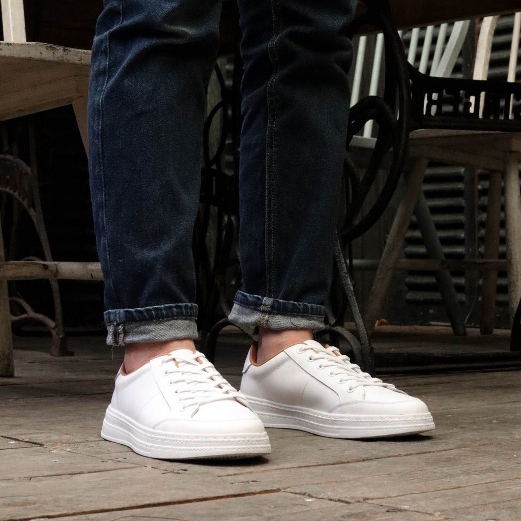 Giày Thể Thao White Sneaker da bò thật, đế khâu cao 3,5cm, dễ phối đồ - BH 1 năm