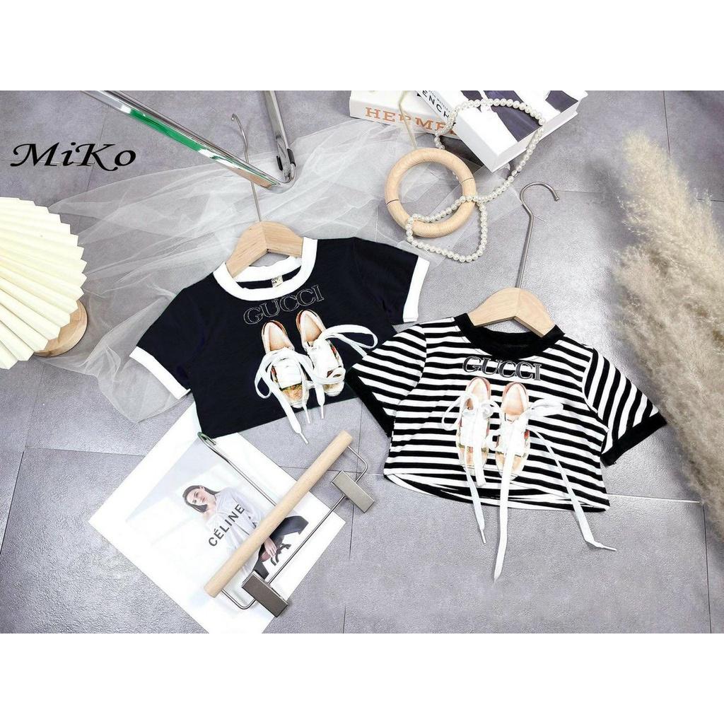 Áo thun croptop phong cách cho bé gái phối đồ hình đôi giày mẫu mới nhất từ 12-35kg chất cotton mềm mát