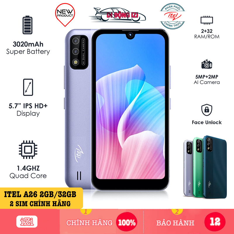 Điện thoại Smartphone iTel A26 (2GB/32GB) - Chụp Ảnh AI, Mở Khoá Bằng Khuôn Mặt  - Hàng Chính Hãng