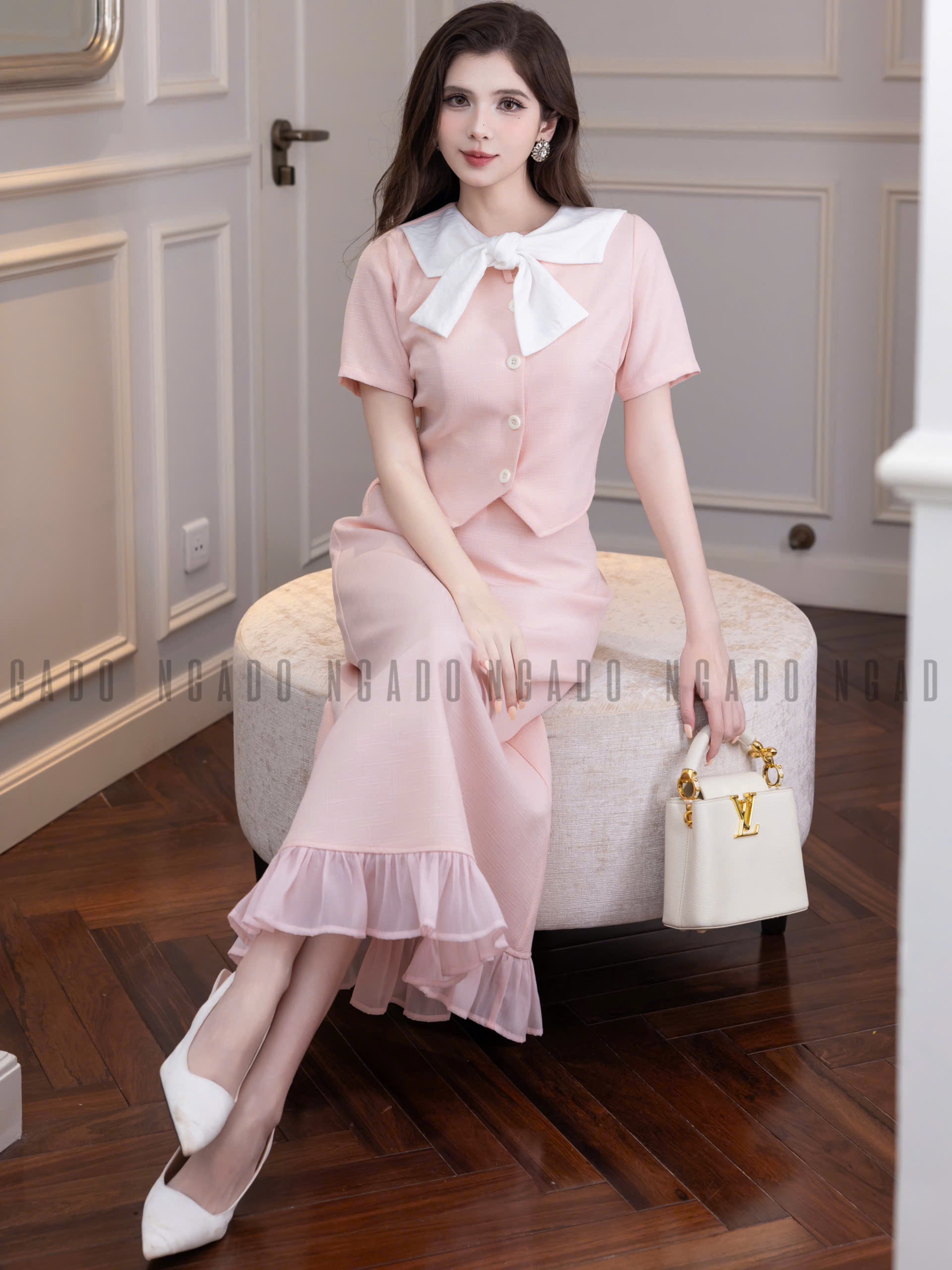 Set áo váy hồng cổ nơ trắng NGADO , set áo váy Nữ , set dự tiệc , công sở