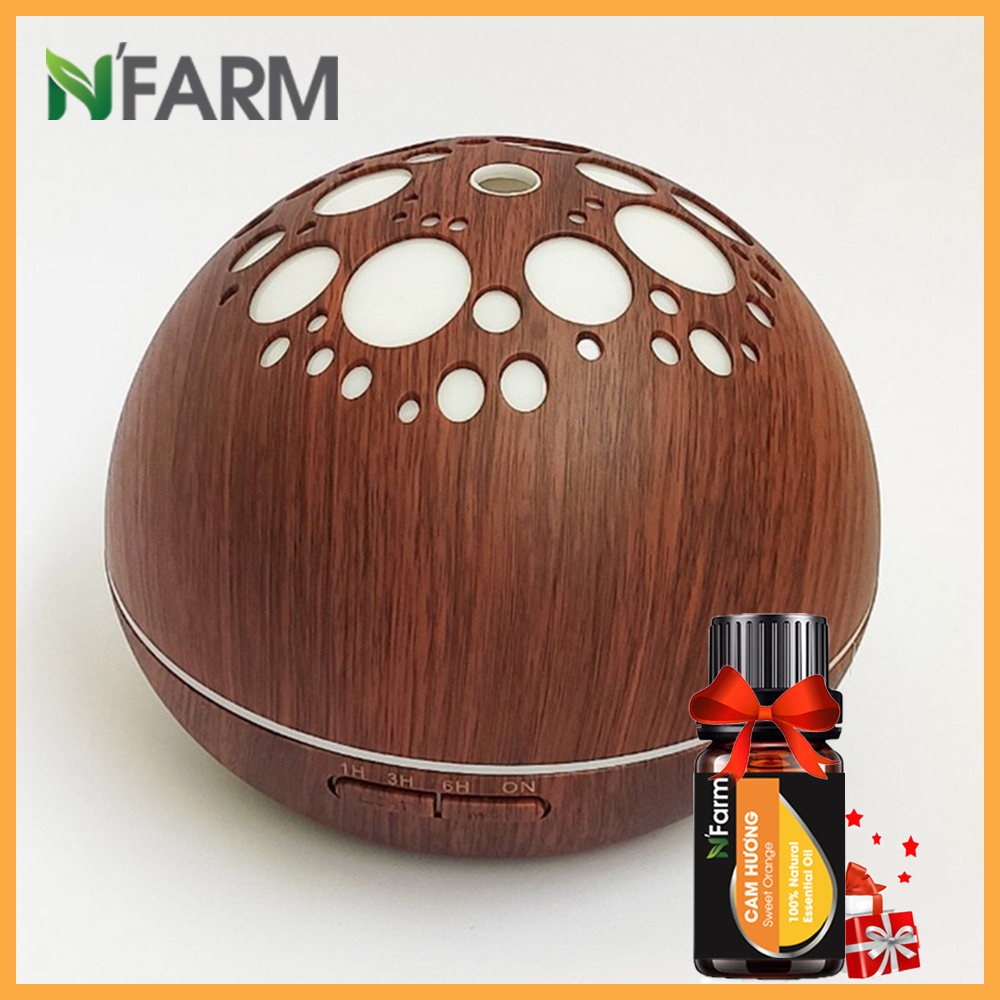 Máy khuếch tán/ máy xông tinh dầu Ánh Trăng màu gỗ nâu N'Farm NF2041 + tinh dầu cam N'Farm / Phun sương sóng siêu âm.