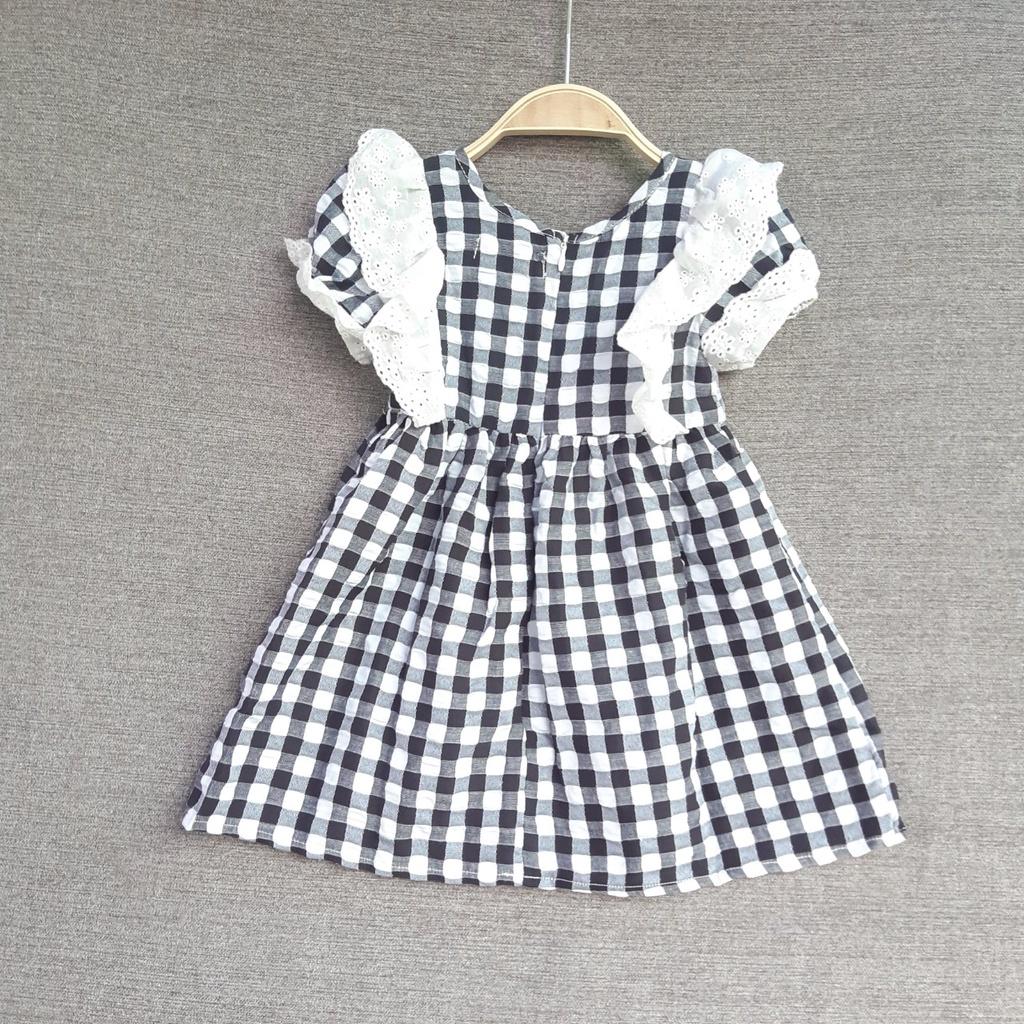 Váy hè cho bé gái 1-12 tuổi cộc tay hàng thiết kẻ caro cổ phối ren, Đầm babydoll trẻ em thoáng mát