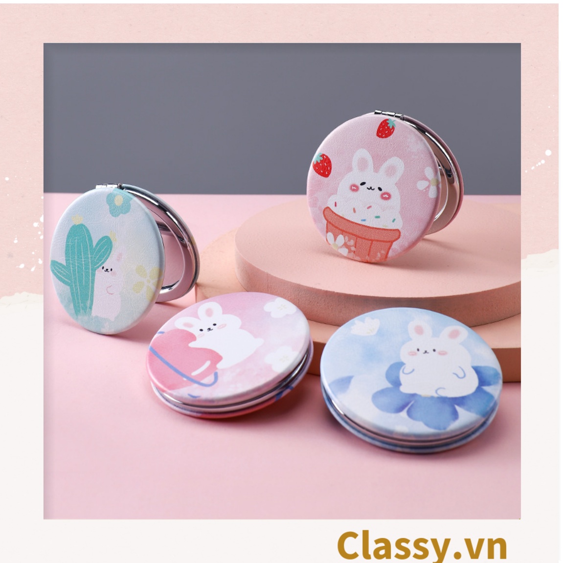 Gương trang điểm cầm tay mini 2 mặt bỏ túi, Gương cầm tay mini Hàn Quốc siêu cute, Gương hoạt hình PK570