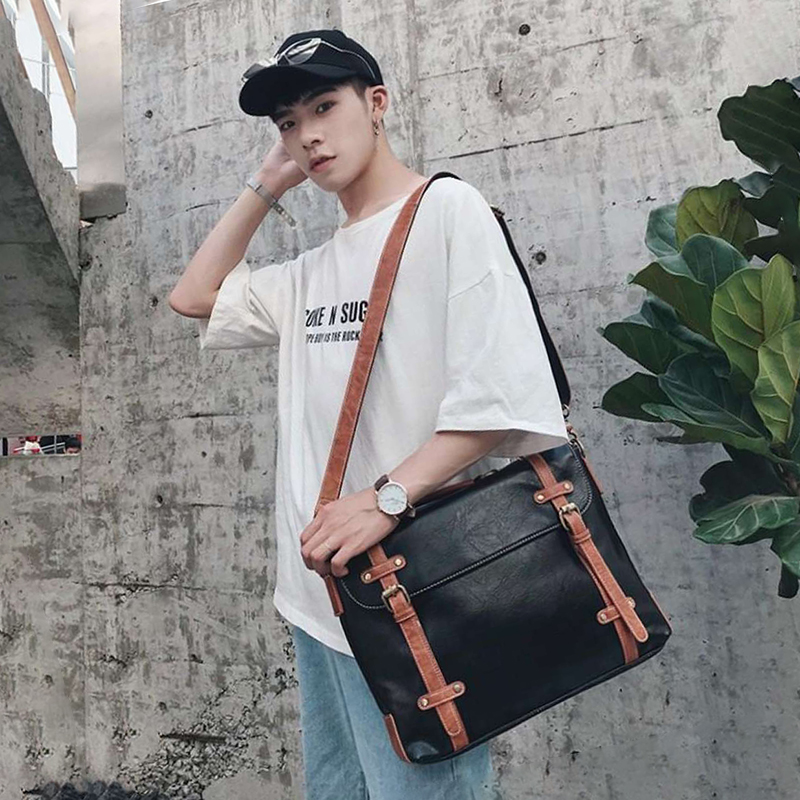 Men's Fashion Business Pu Leather Messenger Bag - Black