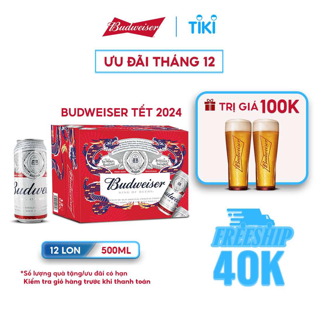 Thùng 12 Lon Bia Budweiser (500ml / Lon) - Phiên Bản Tết 2024