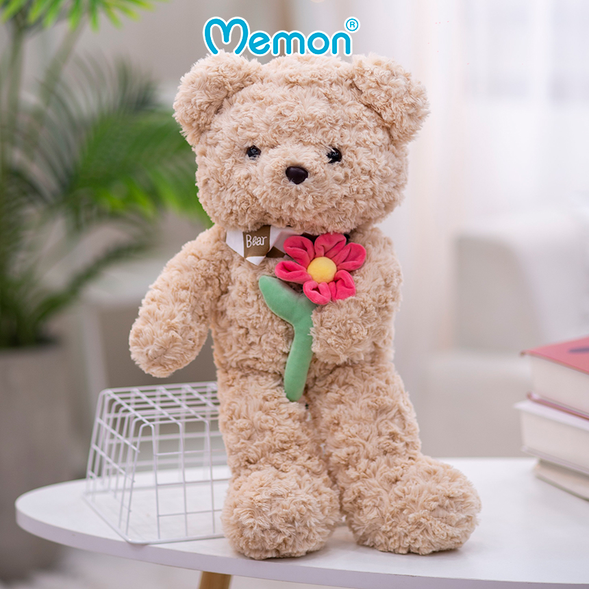 Gấu Bông Teddy Ôm Cành Hoa 50cm Cao Cấp Memon, Gấu Bông Teddy Mềm Mịn