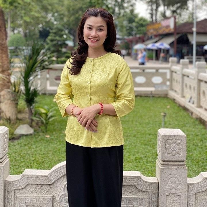 (BÀ BA GẤM cổ tròn QUẦN VÀ ÁO BÁN RIÊNG) Trang phục truyền thống, Bộ quần áo Phật tử, đồ lam đi chùa mẫu nữ vải gấm - Quần trắng (Ko áo)