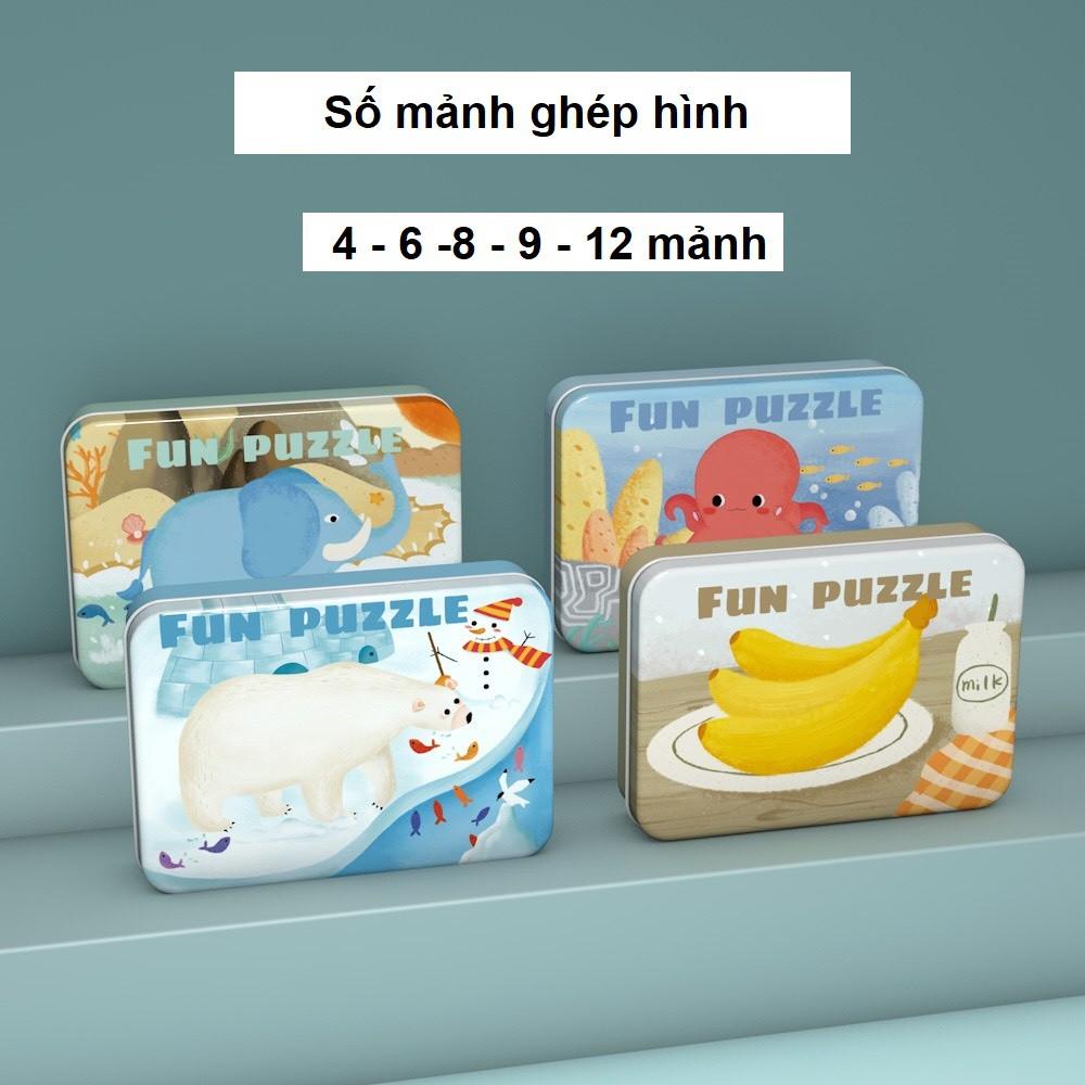 Xếp hình gỗ 4-12 mảnh đồ chơi xếp hình hộp thiếc nhiều chủ đề cho bé