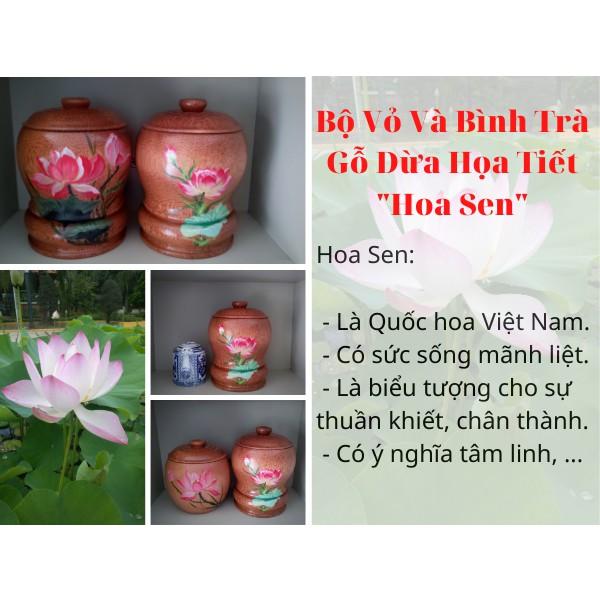 Bộ Bình Trà Gỗ Dừa Gọn Đẹp Hoa Văn &quot;Hoa Sen&quot; - Bình Trà 700 - 900ml