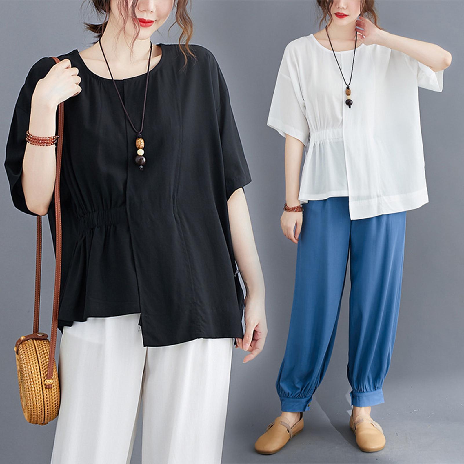 Fashion Women Solid Color Chiffon T-shirt O Neck Short Sleeve Ruched Irregular Hem Loose Casul Shirt Top