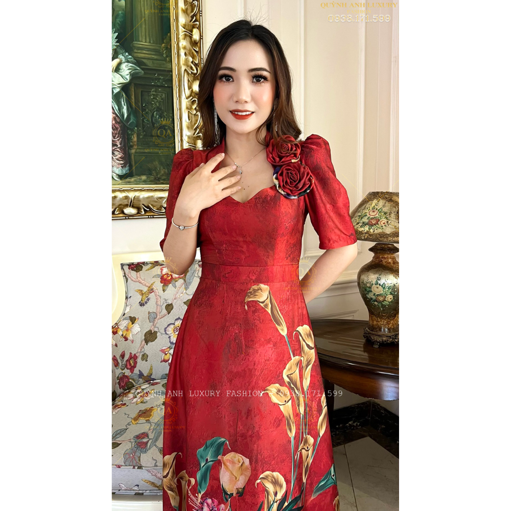 Đầm Xoè Nữ Hoàng Đỏ Hoạ Tiết Hoa Cao Cấp Sang Trọng Lilybelle Dress