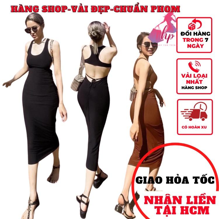 Váy đầm khoét hở lưng cột dây ba lỗ nữ ôm body maxi dài màu đen trắng thời trang dự tiệc sexy đi biển dự tiệc - VD221