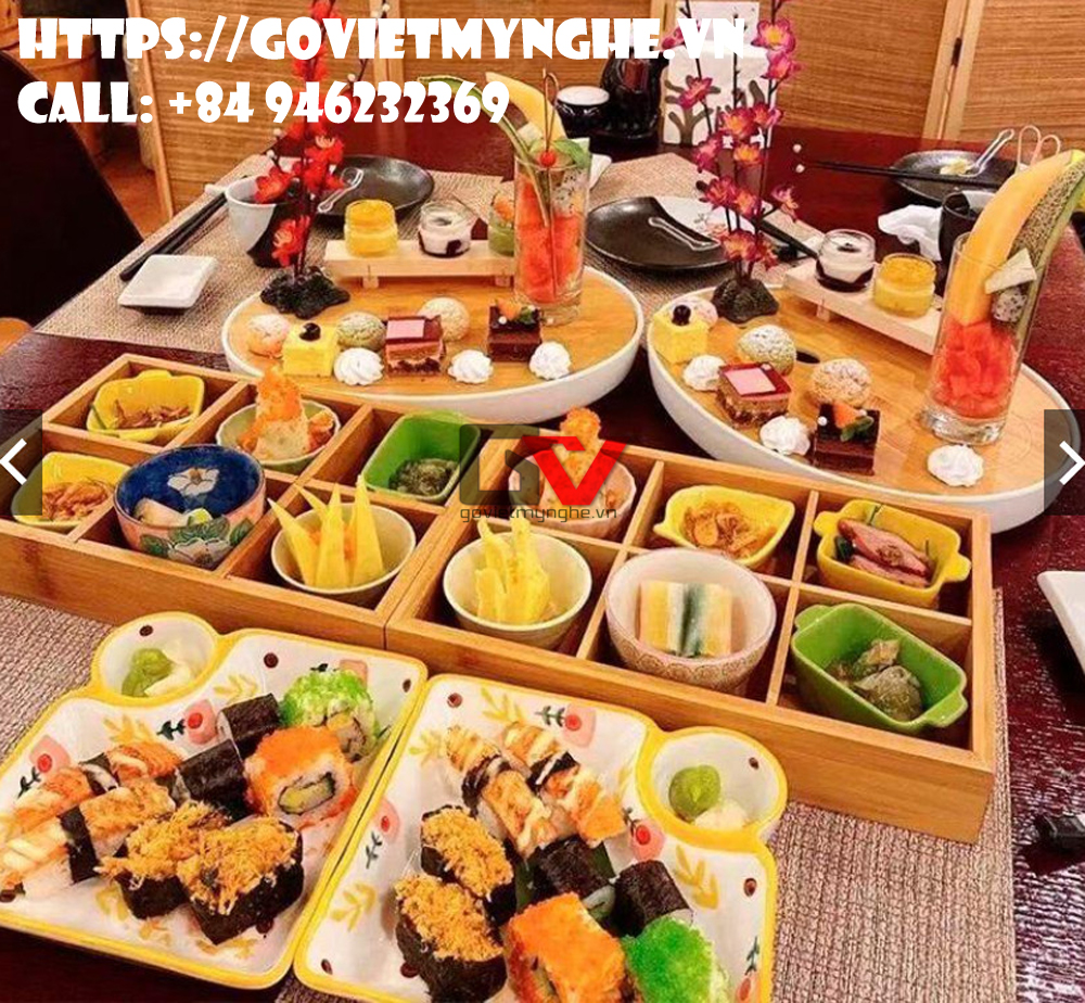 [Khay Bento - 6 ngăn] Khay gỗ trang trí món ăn trang trí trưng bày món lẩu Hotpot - BBQ - Sashimi cho nhà hàng