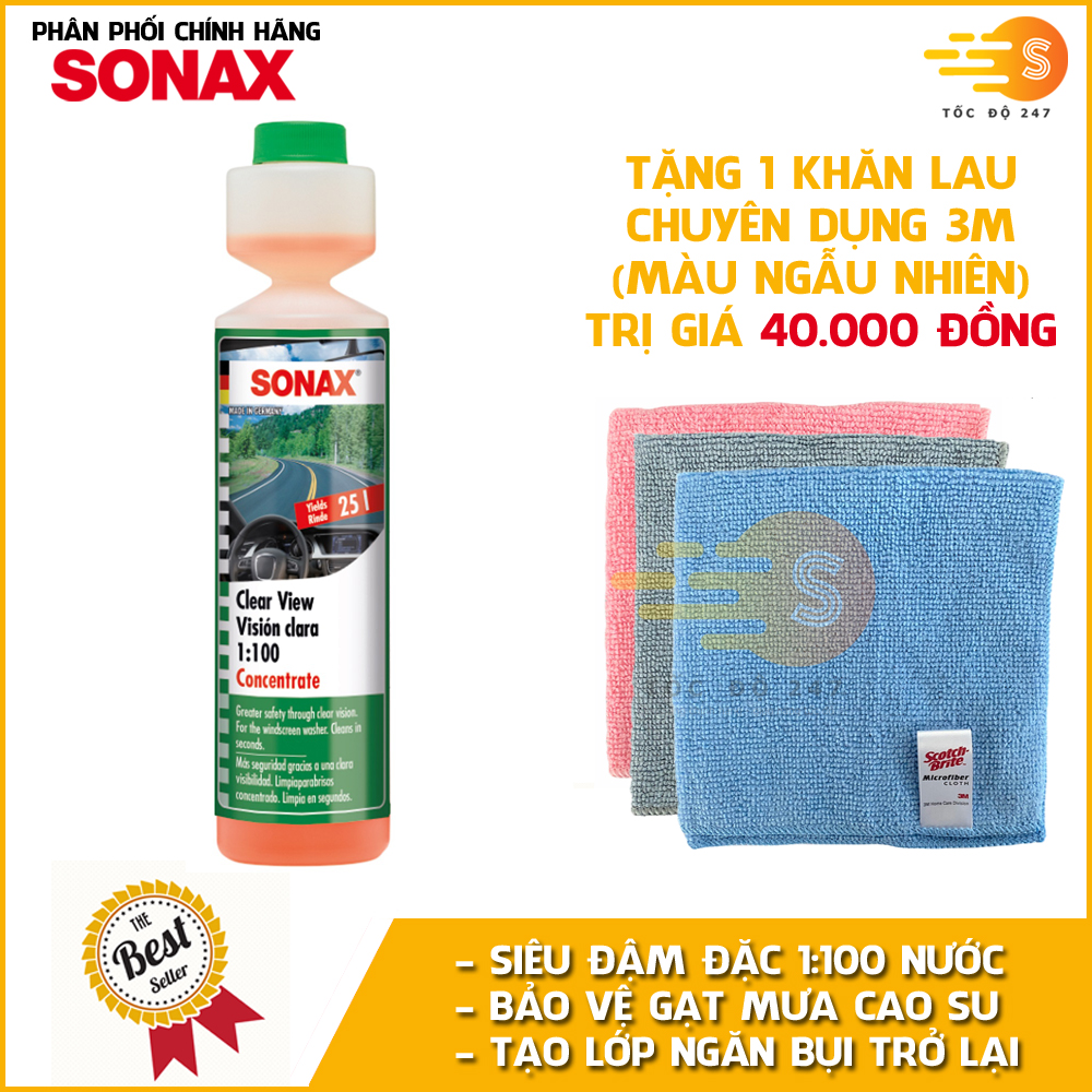 Nước rửa kính lái đậm đặc tỉ lệ 1:100 Sonax 371141 250ml - tặng 1 khăn 3M màu ngẫu nhiên - Làm sạch vết bẩn, ngăn chặn côn trùng, đổ vào két nước trước, pha để tẩy mốc kính