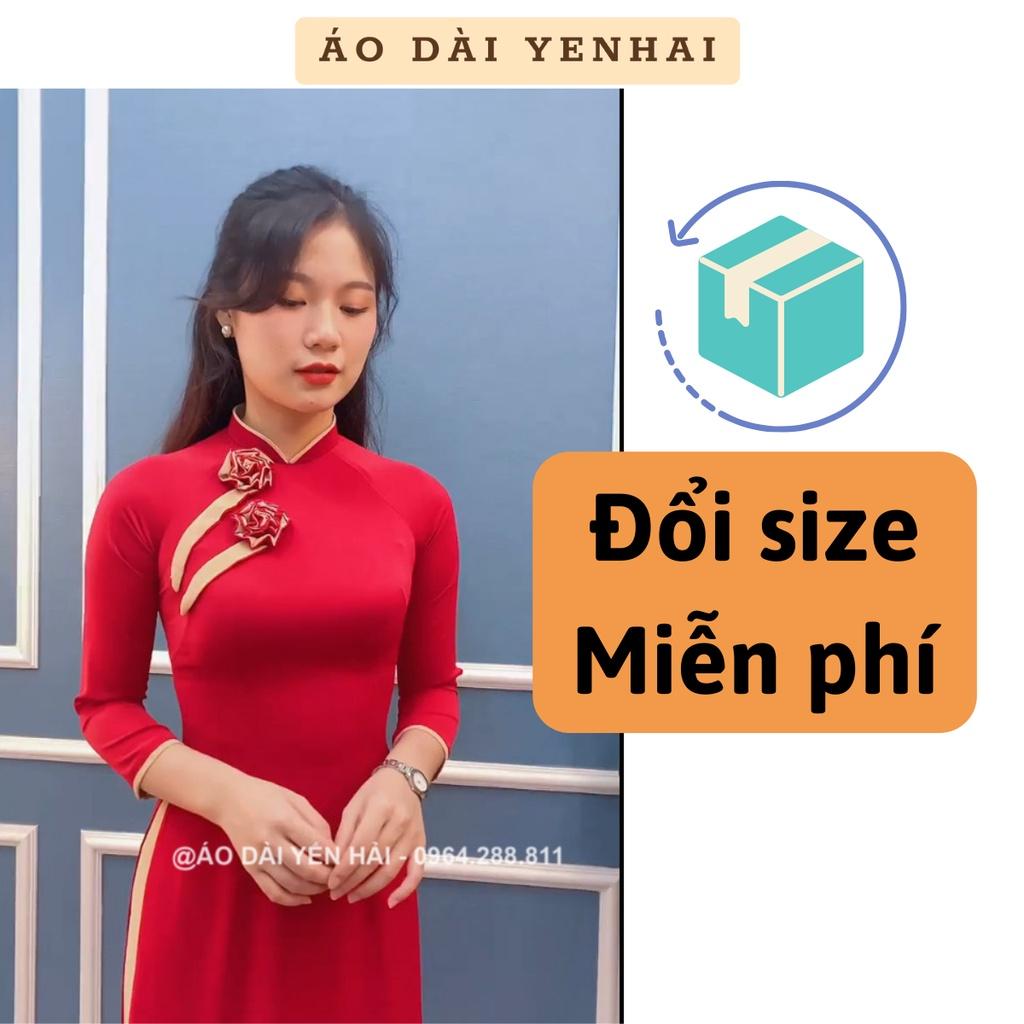 Áo dài truyền thống Lụa Thái Tuấn màu đỏ có đính Hoa thiết kế trước ngực