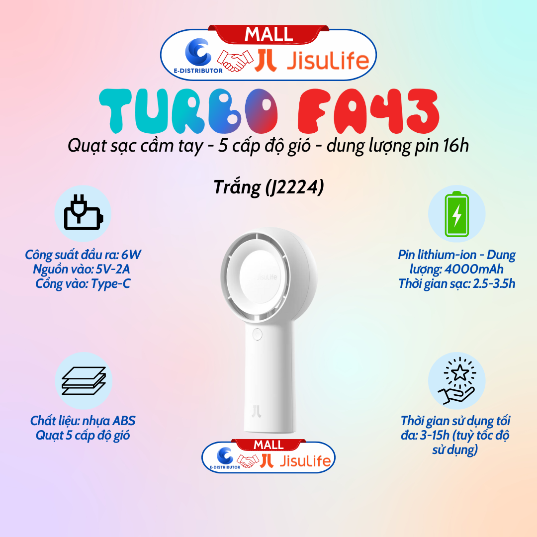 Quạt sạc mini cầm tay Jisulife FA43 pin 16 giờ, 5 cấp độ gió - Dung lượng 4000mAh - Hàng chính hãng