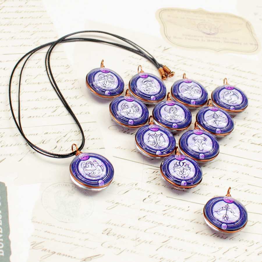 Dây chuyền 12 cung hoàng đạo Zodiac tông tím phong cách vintage đẹp 06647-DC20M0016