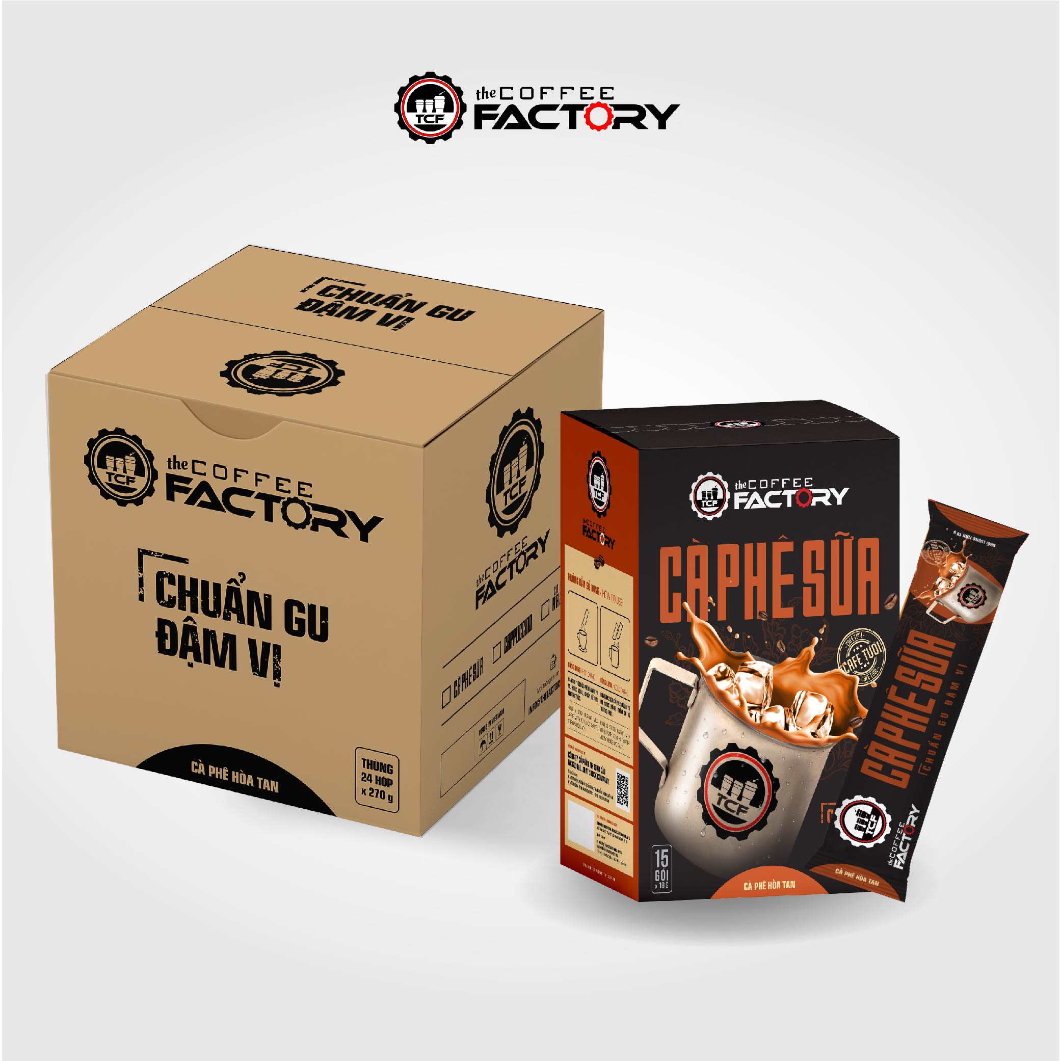 Thùng 24 hộp cà phê sữa hòa tan The Coffee Factory (Hộp 15 gói x 18g)