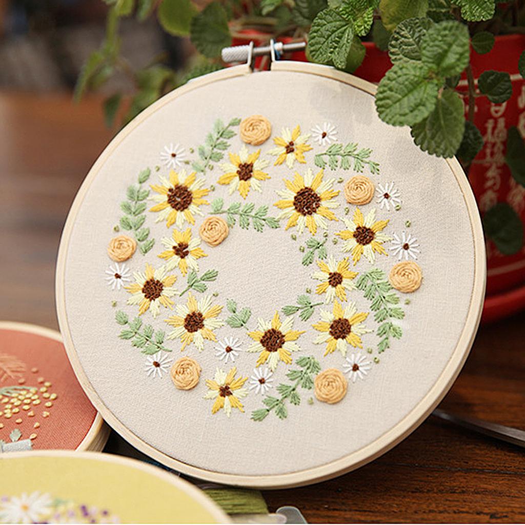 Embroidery Hoop Kids Adult Cross Stitch Threads Kits Flower Leaves, 2 Styles