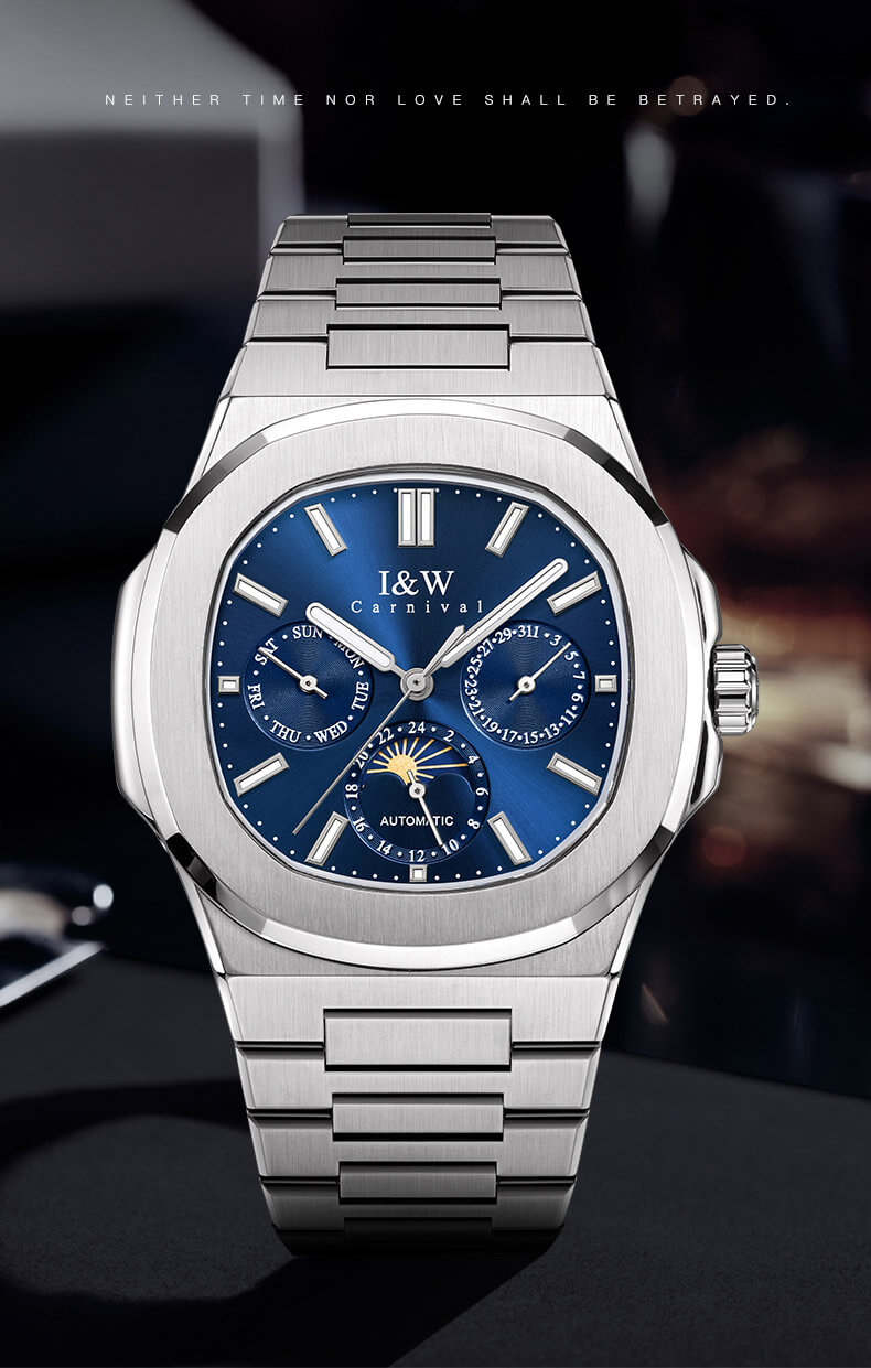 Đồng hồ nam chính hãng I&W CARNIVAL 55886G-1 mặt xanh navy size mặt 42mm,kính sapphire ,chống nước 50m,dây thép không gỉ