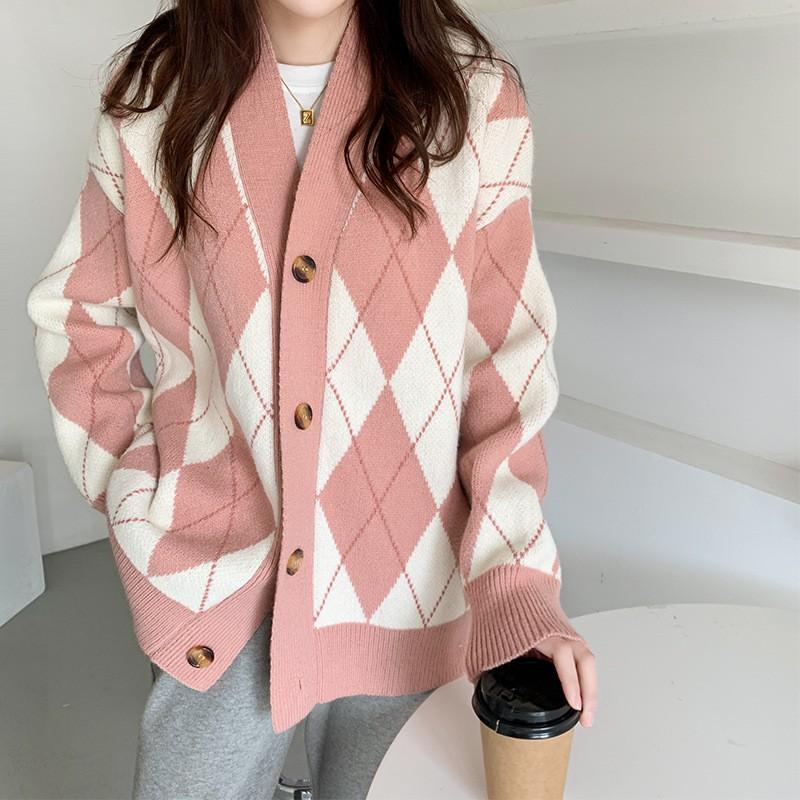 Khoác Len Cardigan | Áo Cardigan Len Thu Đông Cổ V Họa Tiết Hình Thoi Phong Cách Hàn Quốc, Thời Trang Ulzzang