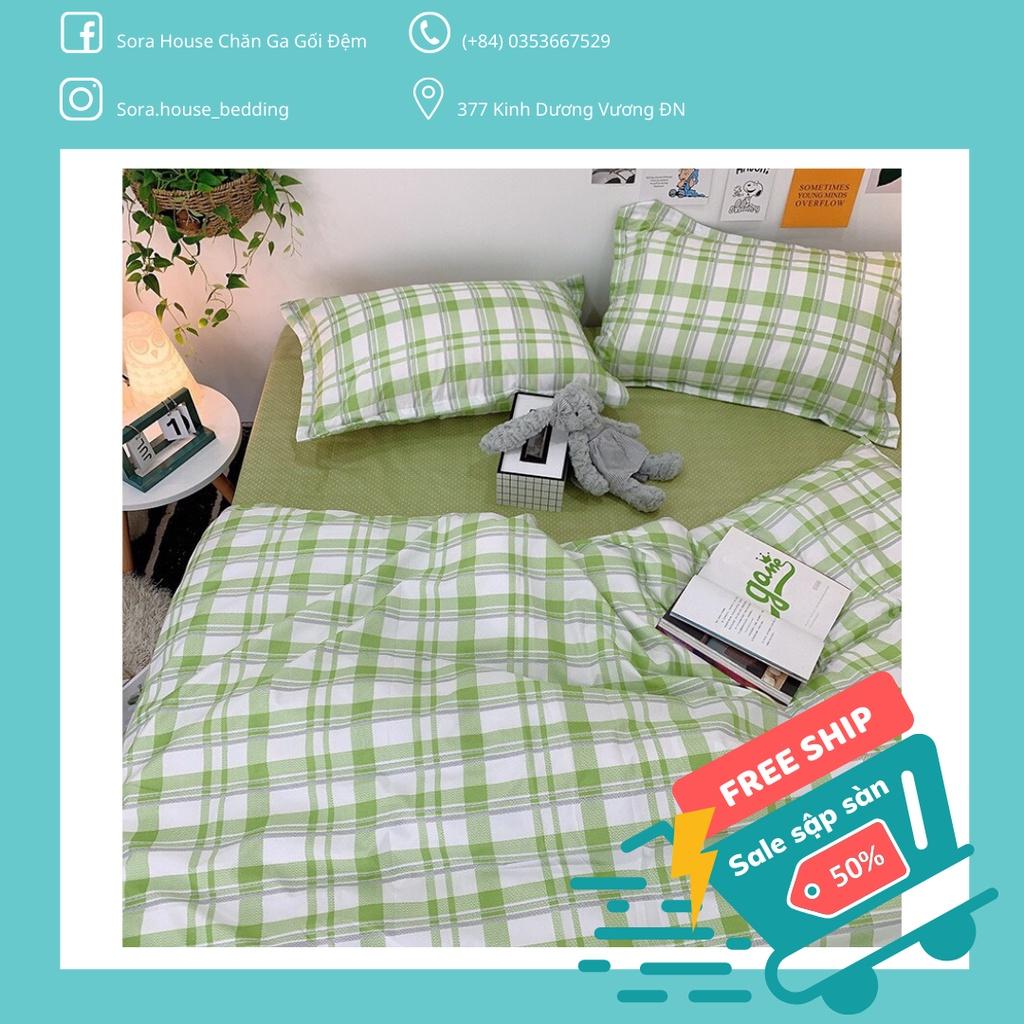 Bộ chăn ga poly kẻ caro xanh lá