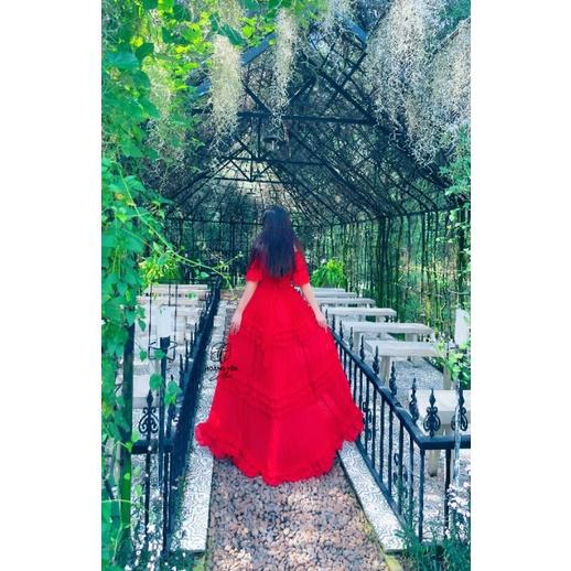 HOANGYEN - Fly Dress voan đỏ bẹt vai phối bèo
