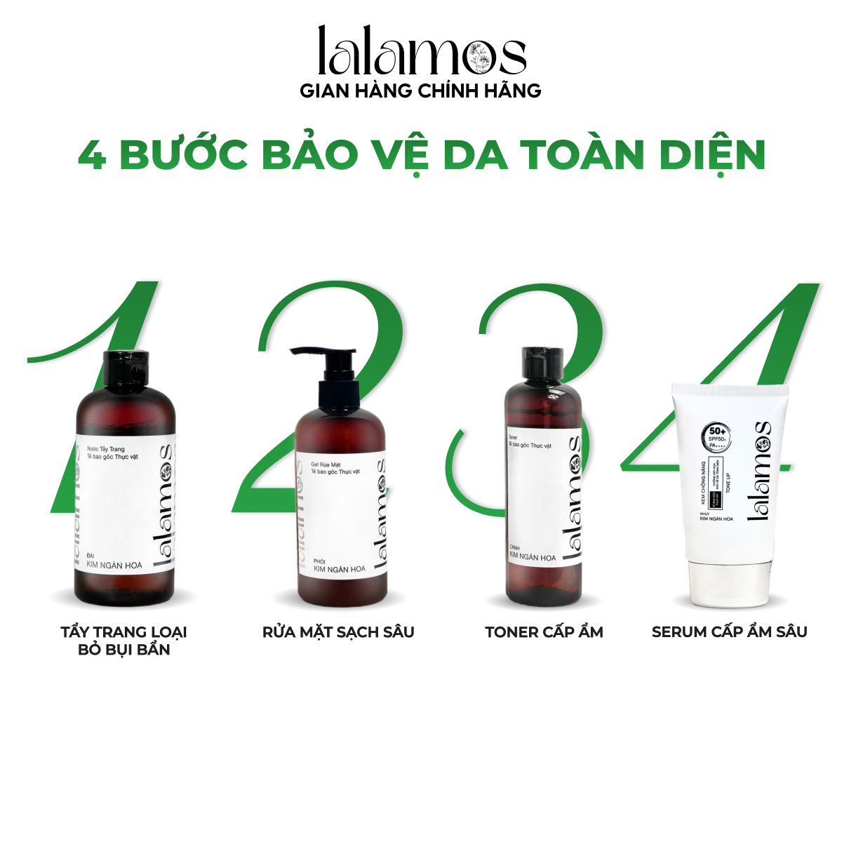 Combo bảo vệ da trắng sáng Lalamos Nước tẩy trang 280ml + Kem chống nắng nhụy Kim Ngân Hoa tone up unisex 50ml