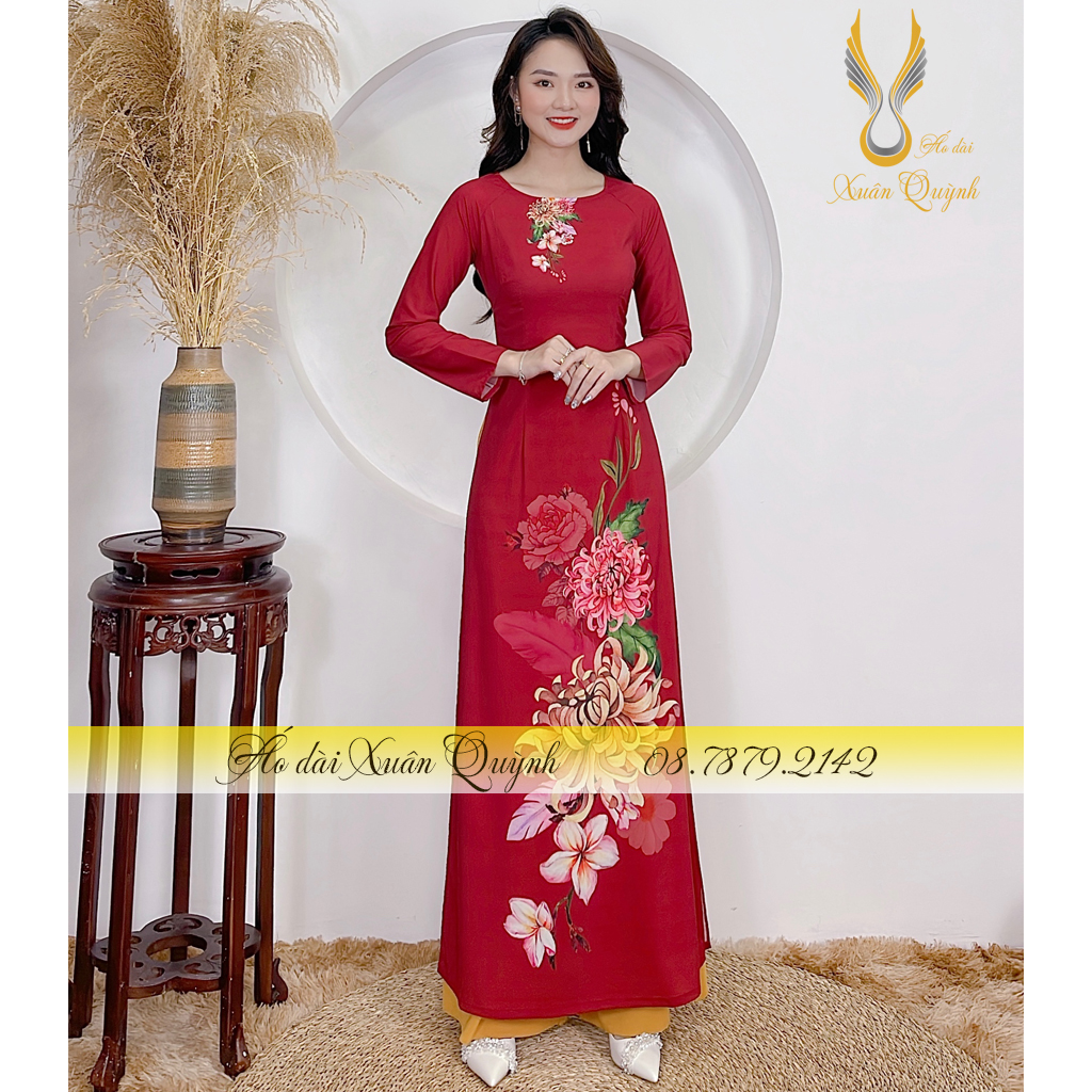 Áo Dài Hoạ Tiết Hoa Cúc Nền Đỏ Đô, Thanh Lịch, Sang Trọng Lụa Habutai Cao Cấp K87