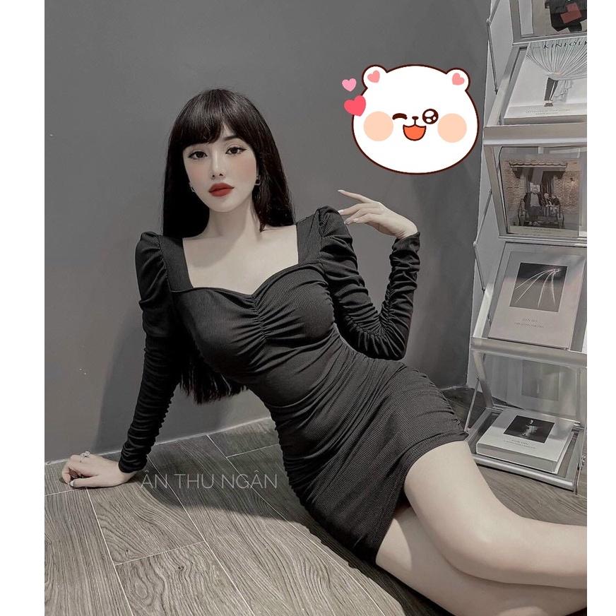 Đầm hotgirl body thun cổ vuông nhún ngực sang chảnh