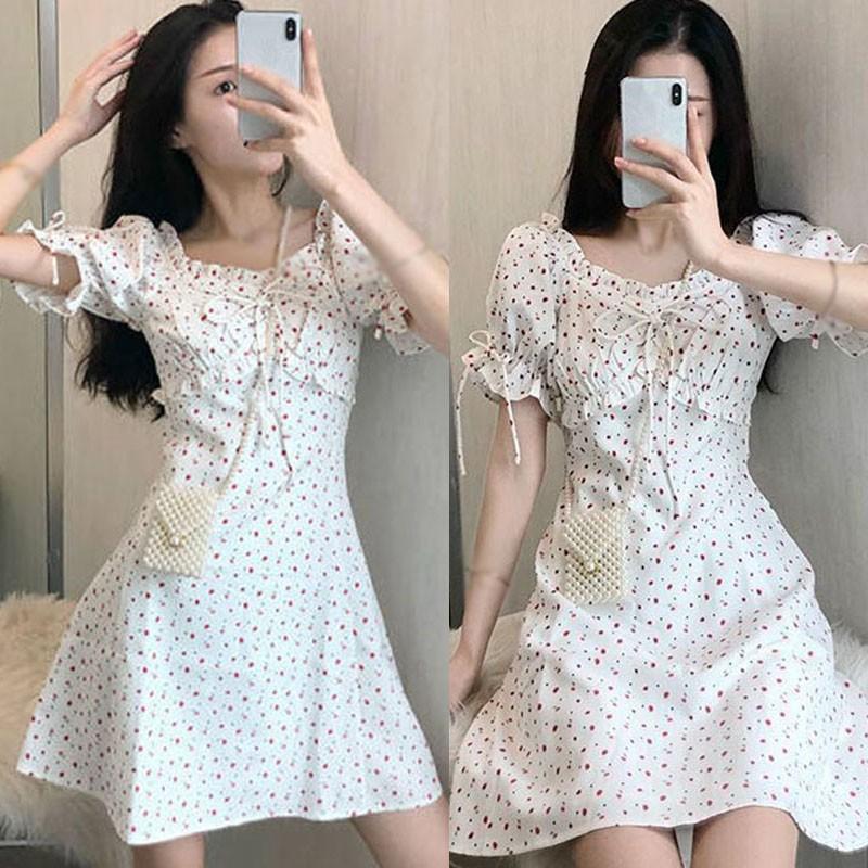 Đầm nữ tay ngắn hoạ tiết trái tim phong cách Hàn Quốc