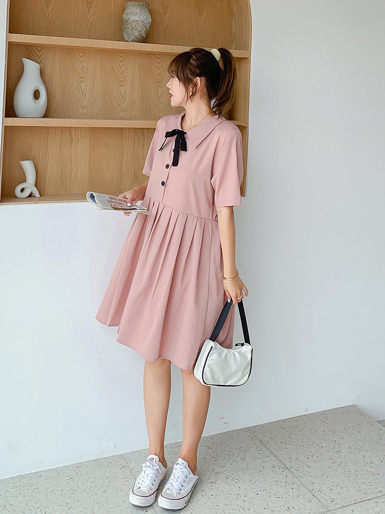 Đầm Suông Xếp Ly Hồng Phấn Đính Nơ.