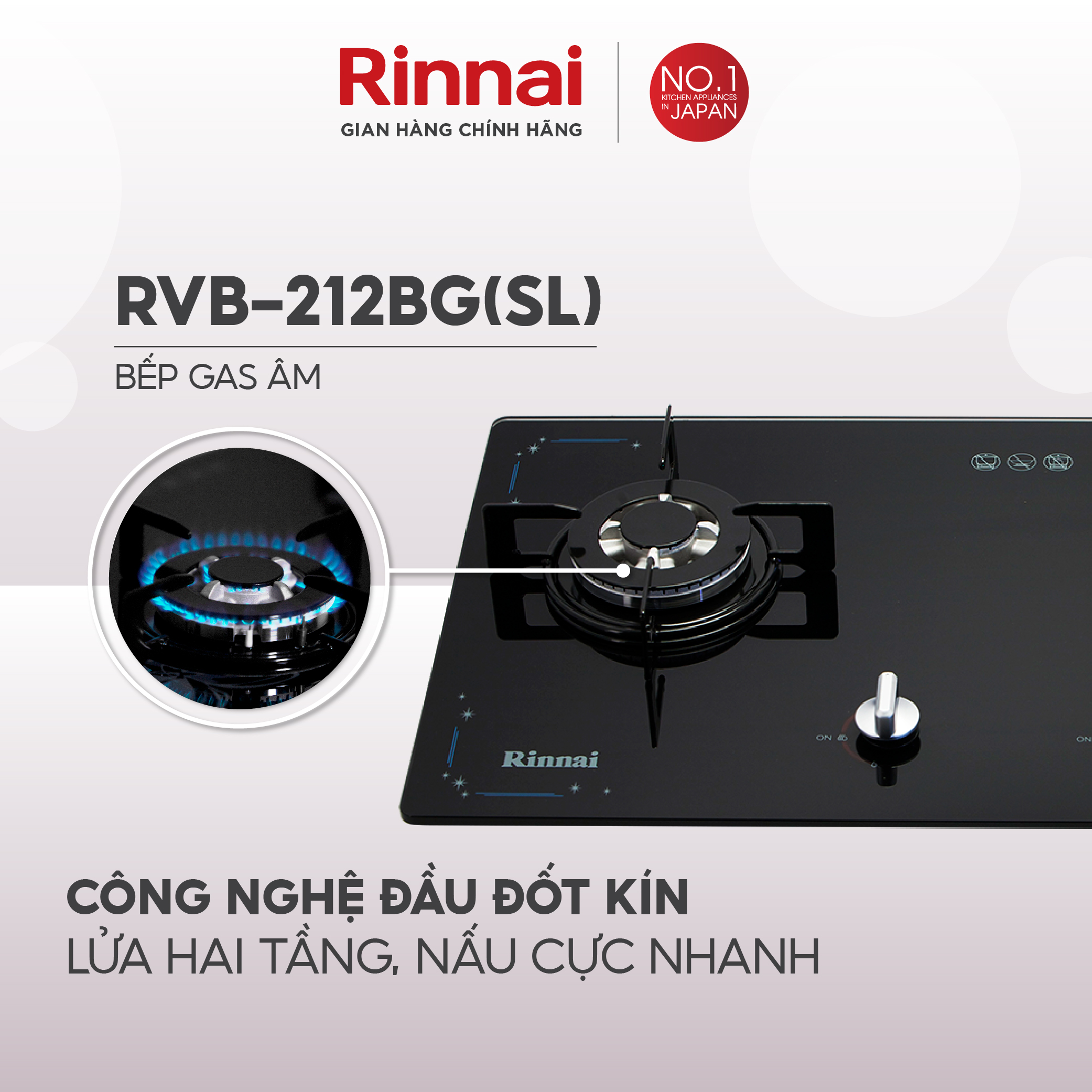 Bếp gas âm Rinnai RVB-212BG mặt bếp kính và kiềng bếp men - Hàng chính hãng.
