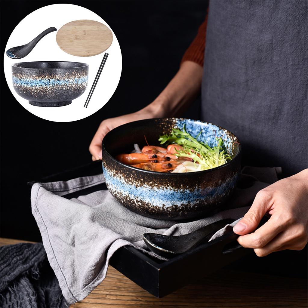 Ceramic Bowl Japanese Style Salad Bowl Creative Soup Bowl with Lid Spoon Bowl for Noodles and Rice Gifts