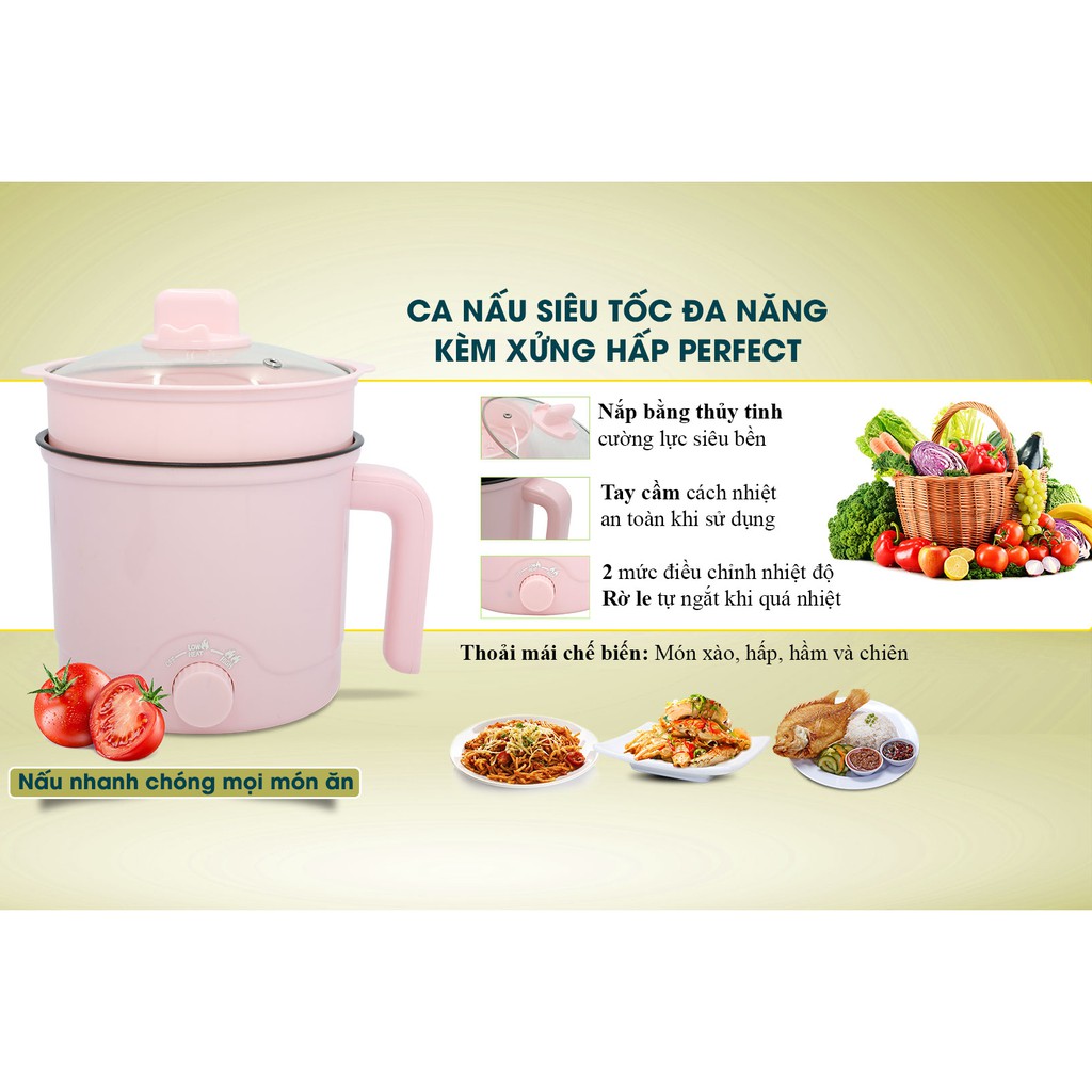 Ca nấu mì, nấu lẩu đa năng mini kèm tầng hấp Perfect dung tích 1.5L, rất hợp học sinh sinh viên, làm văn phòng công sở... màu ngẫu nhiên-Hàng chính hãng