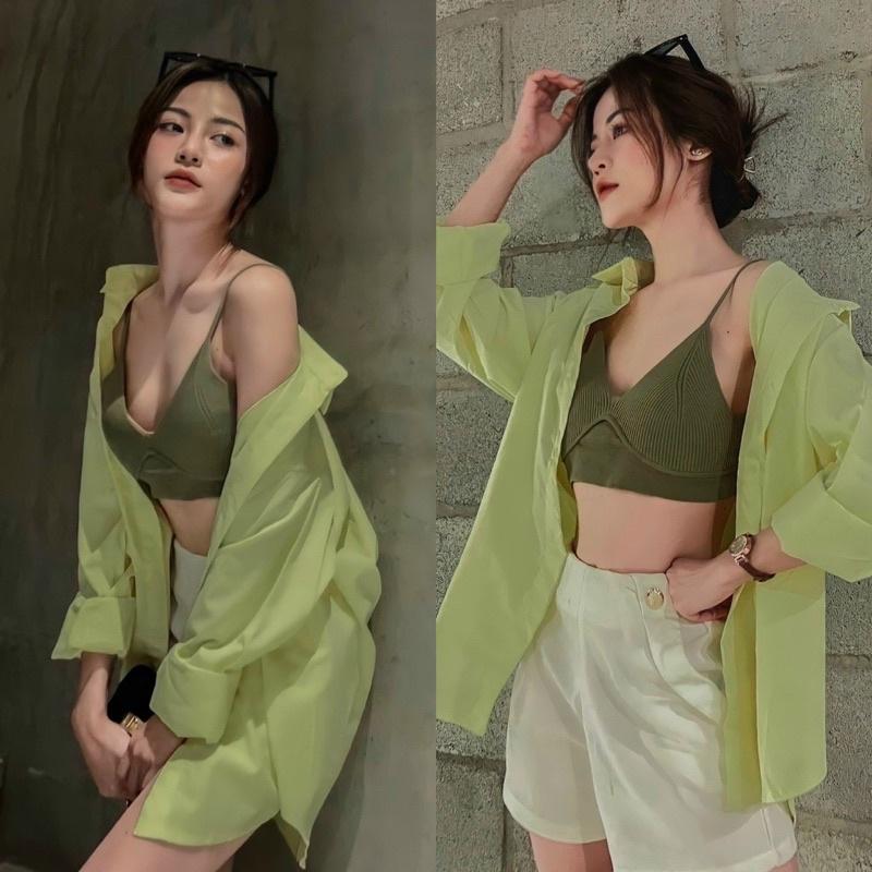 Áo Sơmi Mix Bra Kèm Short Sét Tông Xanh Trắng Siêu Xinh