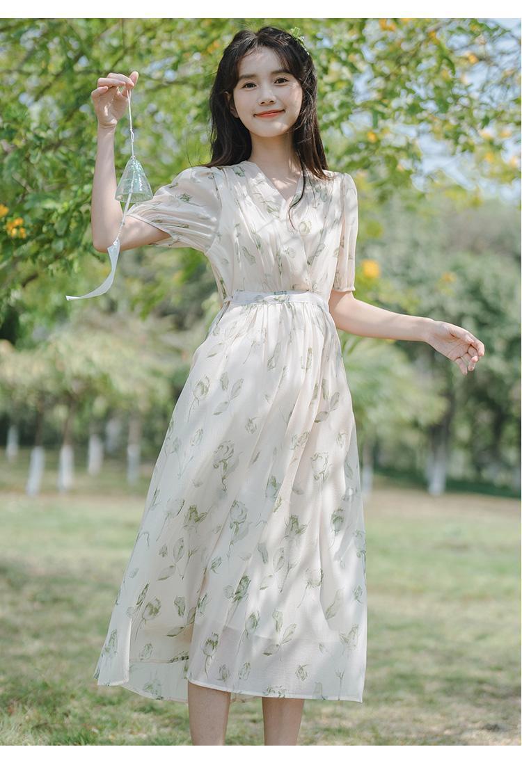 CHENGRUI Pháp nhỏ làm mới váy ngọt ngào thắt lưng ren-up trà nghỉ váy dài mùa hè hoa đầm phụ nữ