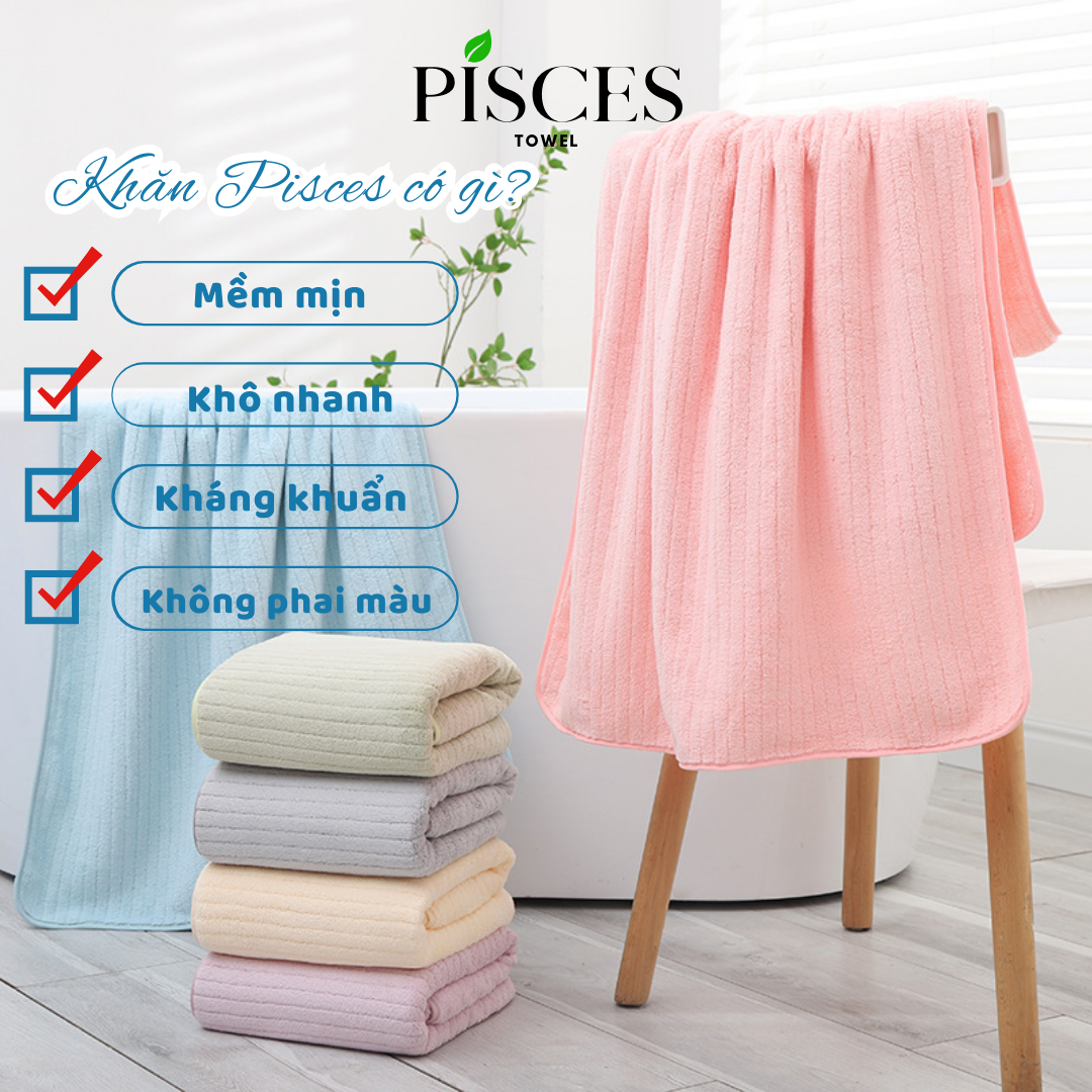 Khăn Tắm PISCES TOWEL 70x140cm Ô Vuông Trơn Cotton Mềm Mại, Khăn Spa Yoga Gym Thể Thao Thấm Hút Mồ Hôi - Hồng, Hồng