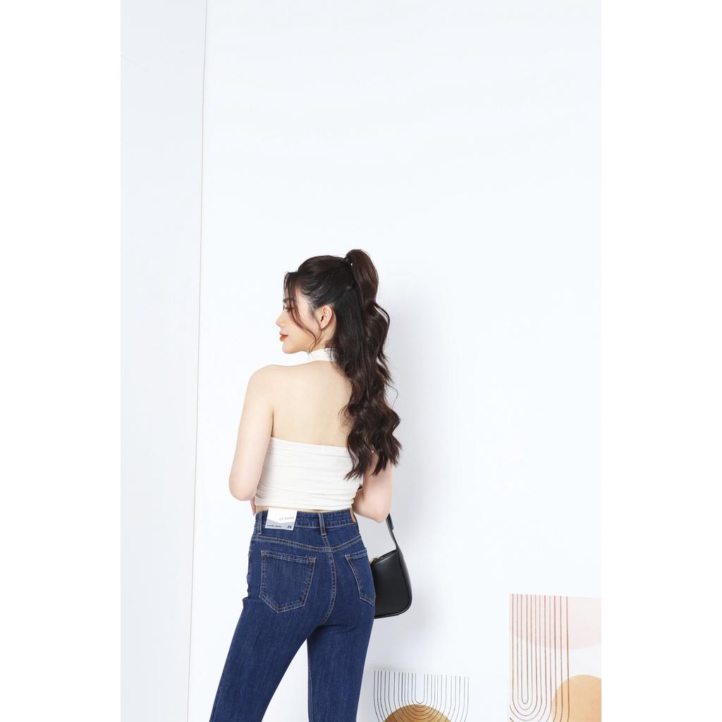 Quần Jean Nữ Ống Loe Vintage Lưng Cao Co Giãn Trơn Gấu Thường CT JEANS