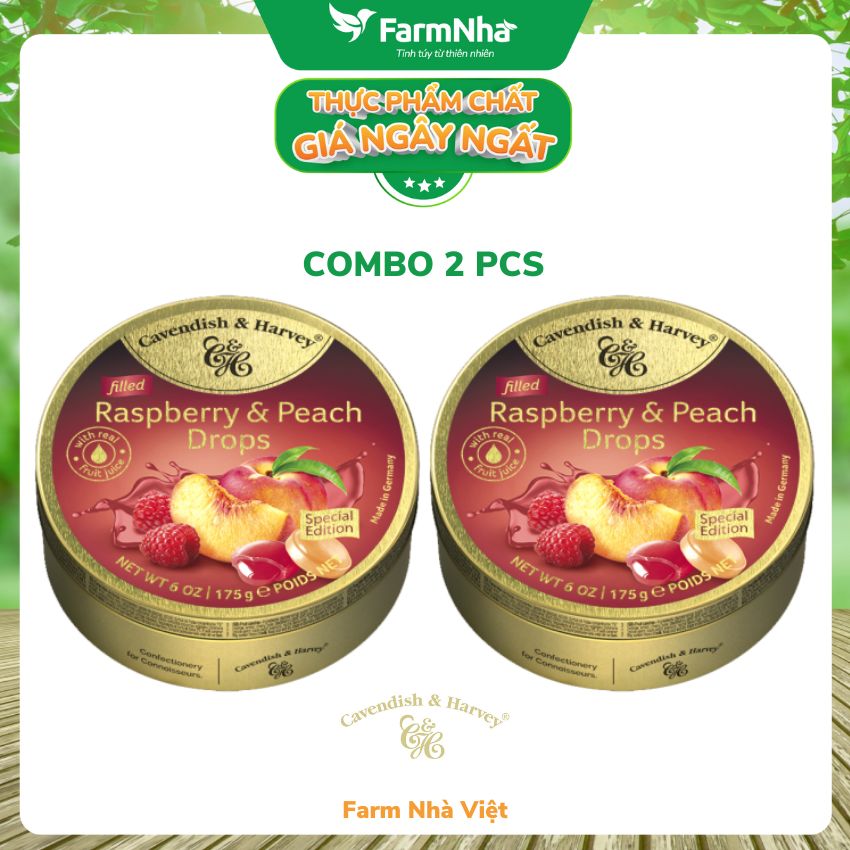 (Combo 2 hộp) Kẹo trái cây Cavendish &amp; Harvey vị Raspberry &amp; Peach 175gr - Hương vị tự nhiên tuyệt vời từ Đức