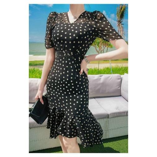 HÀNG NHẬP - ĐẦM LỤA BODY ĐUÔI CÁ CHẤM BI