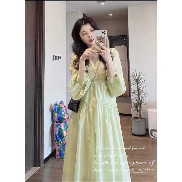 Váy babydoll Hana có cổ dài tay hoa hồng màu xanh green  01033122