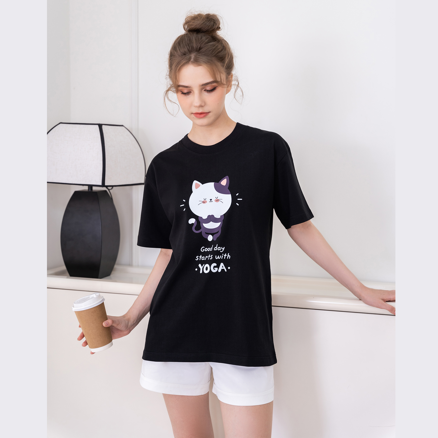 Áo thun tay lỡ Hibi Sports unisex nam nữ kiểu phông, Yoga Cat ST005, vải cotton Premium, form oversize