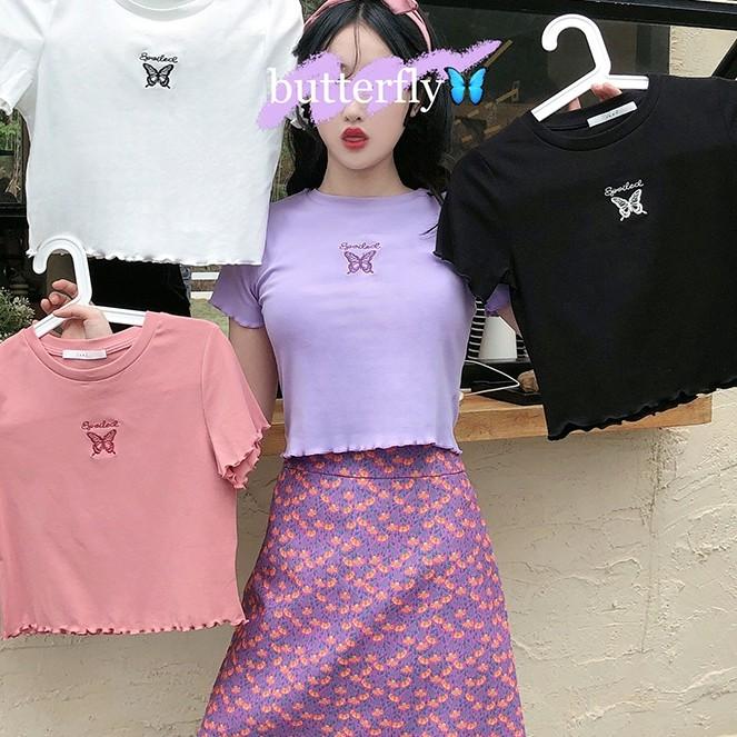 Áo Croptop ôm tay ngắn hình bướm, áo croptop body ngắn tay chất co giãn phong cách ulzzang Hàn Quốc C32 - Maoshop